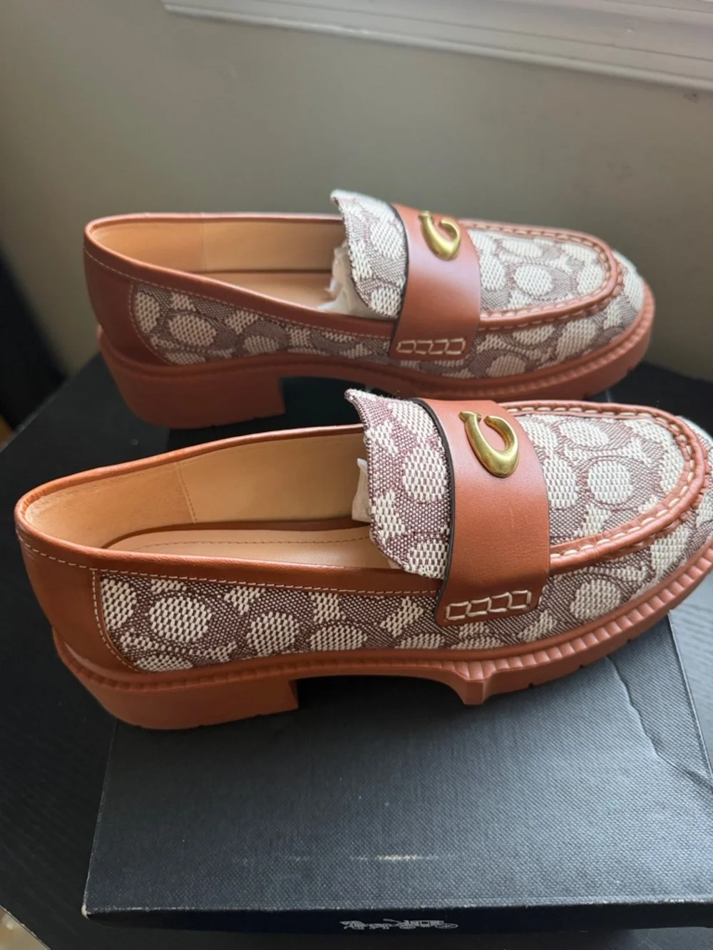 Coach Brown/Tan Signature Canvas Leather Loafers with Gold C Hardware - Picture 5 of 8